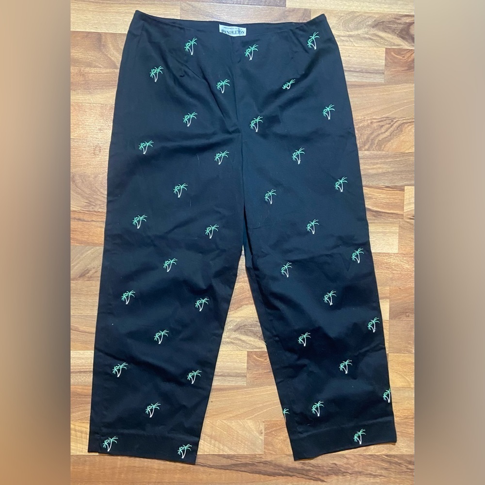 Pendleton Sz. 10 Black Embroidered Palm Tree Stretch Cotton Side Zip Ankle Pants